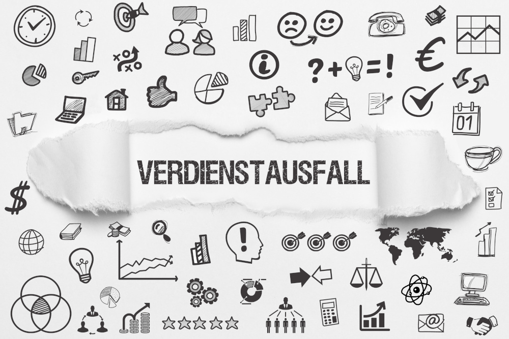 Das Bild zeigt eine Collage von verschiedenen Symbolen und Icons, um das Thema "Verdienstausfall" zu veranschaulichen. In der Mitte steht der Text "VERDIENSTAUSFALL".